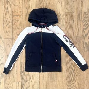 Tommy Hilfiger Womens Full Zip Hoodie Ribbon Drawstring Navy Blue White Size S